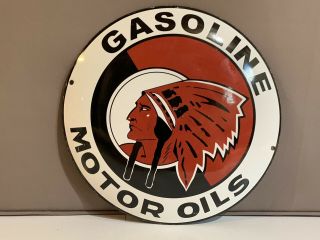 12in Red Indian Gasoline Motor Oil Porcelain Enamel Sign Gas Pump Plate