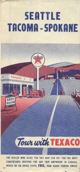 1953 Texaco Oil Road Map Seattle Tacoma Spokane Washington Boeing Field Playfair