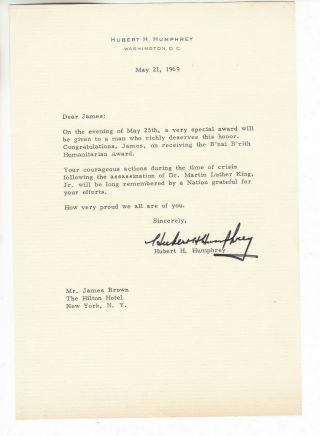 Us Vice President Hubert Humphrey Signed Letter To Musician James Brown 1969