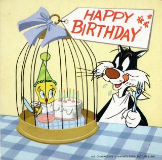 Tweety Bird & Sylvester The Cat Vintage Birthday Card With 33 1/3 Rpm Record