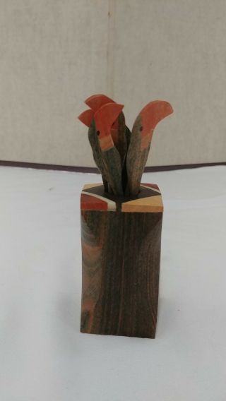 Vintage Art Deco Tucan Wood Bird Cocktail Picks & Wood Holder Set 5