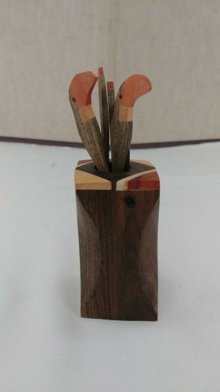 Vintage Art Deco Tucan Wood Bird Cocktail Picks & Wood Holder Set 6