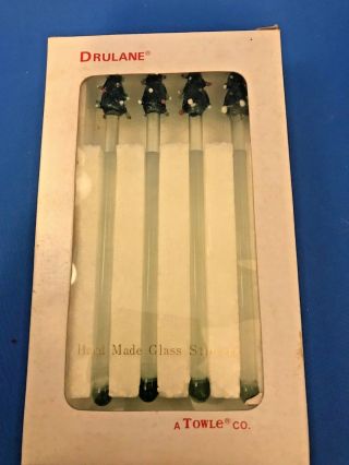 Vintage Towle Boxed Set Of 4 Glass Christmas Tree Drink Swizzle Stirrer Sticks