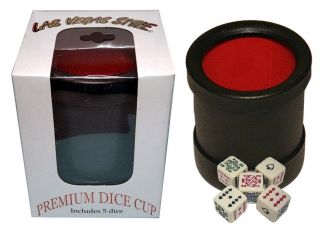 Las Vegas Style Premium Dice Cup Felt Lined Black Red W/5 Poker Dice
