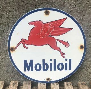 Vintage Mobiloil Gasoline & Oil 8 3/4 " Porcelain Gas & Oil Sign Pump Plate