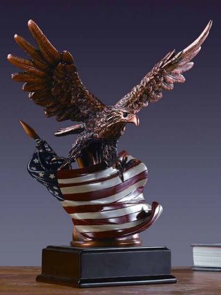 Handcrafted Eagle With American Flag Bronze Figurine Statue 10 " X 13 "