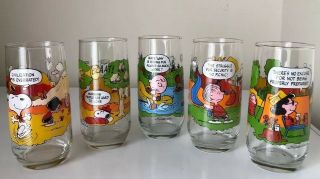 Vintage Complete Set Of 5 Mcdonalds Peanuts Camp Snoopy Glasses