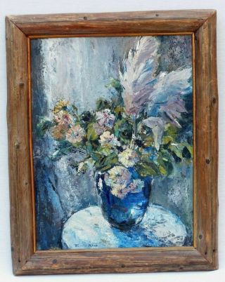 Firnio F Kino Still Life Oil Painting Vase,  Flowers Rustic Log Cabin Wood Frame