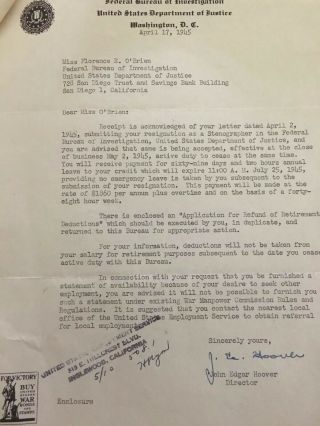 J.  Edgar Hoover Signed Letter (1945) 1st Fbi Director