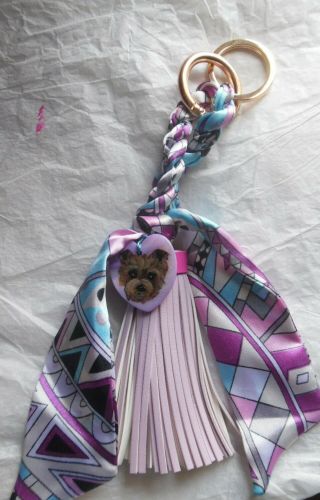 Yorkie Hand Painted Yorkshire Terrier Silk Ribbon Keychain Purse Tassel Charm