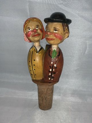 Vintage Anri Carved Kissing Couple W/hats Mechanical Wine Cork Bottle Stopper