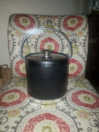 Vintage Mid Century Black Faux Leather Chrome Accent Kraftware Ice Bucket