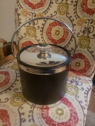 Vintage Mid Century Black Faux Leather Chrome Accent Kraftware Ice Bucket 4