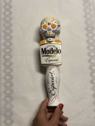 Modelo Especial Cerveza Sugar Skull.  White Day Of The Dead.  Beer Tap Handle
