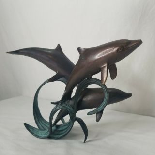 Vintage Bronze Dolphin Sculpture Figurine Pod Patina Nautical Decor Mcm