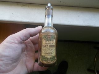 1906 Era Larkin Co Hand Blown Bottle With Bay Rum Label & Emb Shaker Stopper