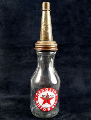 Texaco T Red Star Quart Motor Oil Bottle With Metal Spout & Dust Cap Fill Arrow