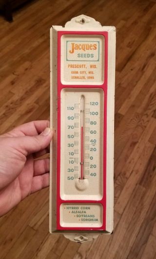 Vintage Jacques Seeds Advertising Thermometer Metal Sign Prescott Wisconsin Iowa