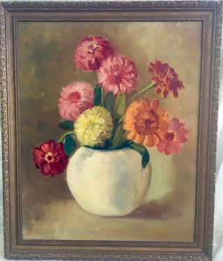 Vtg Framed Folk Art Oil Painting - Floral/vase Of Flowers Circa 1920 