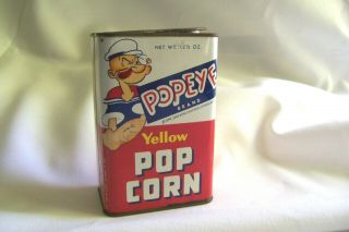Vintage Popeye Brand Yellow Pop Corn Tin 12.  5 Oz.  Popeye The Sailor Man