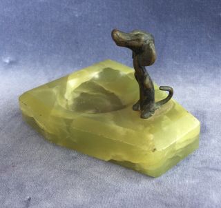 Vintage Bronze Dachshund Dog Green Onyx Marble Stone Trinket Coin Pin Dish