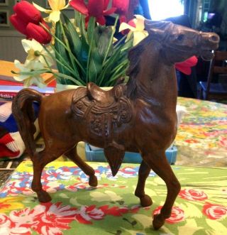 Vintage Wood Caved Horse With Saddle - Unmarked