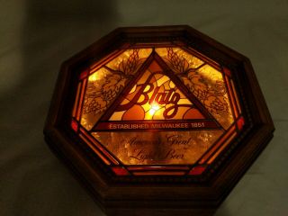 Vintage Blatz Beer Lighted Sign Faux Stained Glass Woodgrain 1978