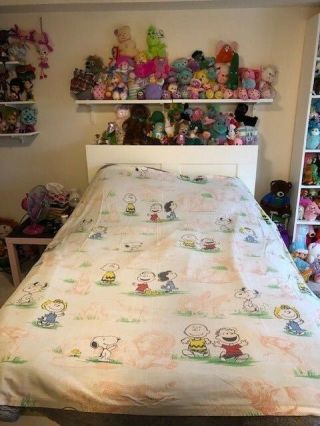 Vintage 1965 Peanuts Snoopy Charlie Brown Twin Size Flat Bed Sheet Zoo Theme Rar