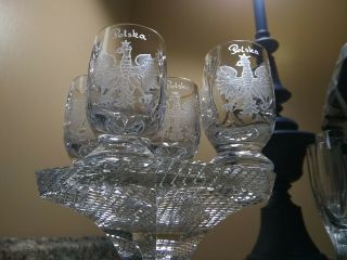 Vintage Set Of 4 Polska Polish Crystal Handcut Footed Shotglasses Poland Barware