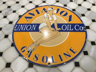 Vintage Union Oil Co Porcelain Pin Up Girl Sign Gas Station Pump Plate Gasoline