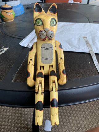 Vintage 12 " Yellow Brown Hand Painted Carved Americana Jointed Sitting Kitty Cat