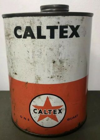 Rare 1950s Caltex 1 Quart Oil Can Tin Screw Top Texaco Unusual Can Chevron Rpm