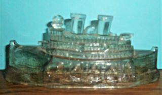Antique Glass Battleship On Waves Candy Container With Orig.  Tin Bottom Scarce Nr
