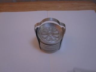 Vtg Set Of 6 Aluminum Coasters,  Holder Mcm 3 " Diameter Embossed Daisy Design