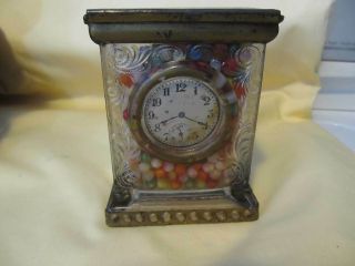 Antique Clock Candy Container Glass / Tin 1914