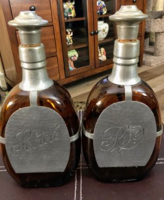 2 Amber Brown Glass Decanter 9 3/4” whisky pewter RYE SCOTCH Bottle Vintage 4