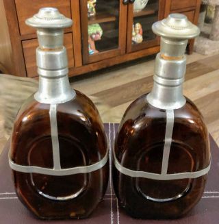 2 Amber Brown Glass Decanter 9 3/4” whisky pewter RYE SCOTCH Bottle Vintage 5
