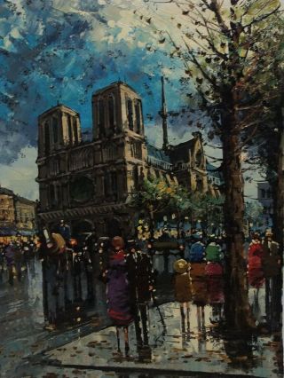 Henri Renard Notre Dame De Paris Cafe Cathedral Church Street Scene Oil Painting