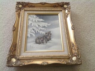 Oil On Canvas Bunny Rabbits Painting By Peggy Harris Signed Framed