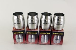 Set Of 4 Captain Morgan To Life Love & Loot Stainless Steel Barrel Shot Glasses
