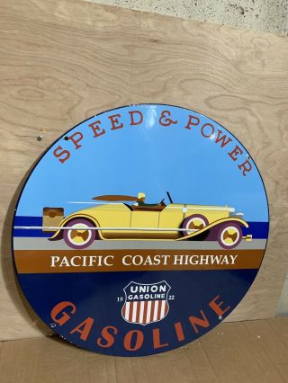 Large Double Sided Union Speed And Power Pacific Gasoline Porcelain Sign