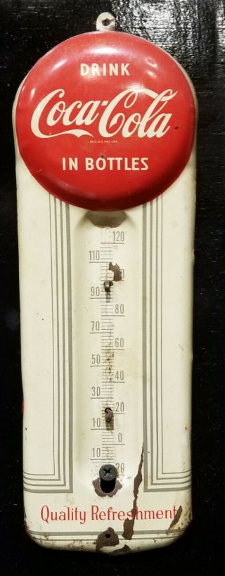 Vintage 1940 S Coca Cola Button Sign Thermometer Gas Oil 1940s - 1950s