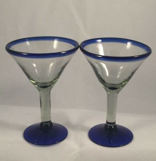 Set Of 2 Mexican Hand Blown Glass Martini/margarita Glasses With Cobalt Blue Rim