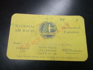 Rare Vintage Orig 1928 National Air Races Aero Expo Large Contestant Ticket L.  A
