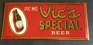Vic’s Special Beer Tin Over Cardboard Sign