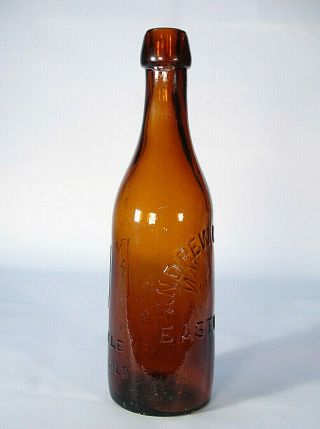 ANDREW NEWMAN EASTON PA AMBER COLOR BLOB TOP SODA OR BEER BOTTLE 3