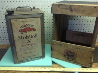 Antique Gargoyle Mobil A 5 Gallon Oil Can With Wooden Standard Oil Service Crate