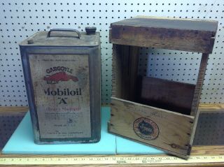 Antique Gargoyle Mobil A 5 Gallon Oil Can With Wooden Standard Oil Service Crate 2