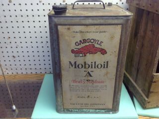 Antique Gargoyle Mobil A 5 Gallon Oil Can With Wooden Standard Oil Service Crate 7