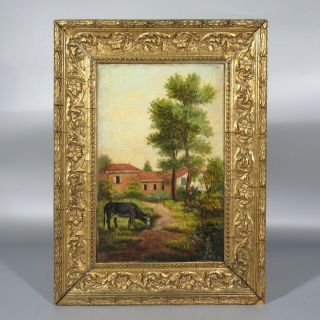 Antique French Oil Painting On Canvas Landscape Cow Farm South Of France Framed